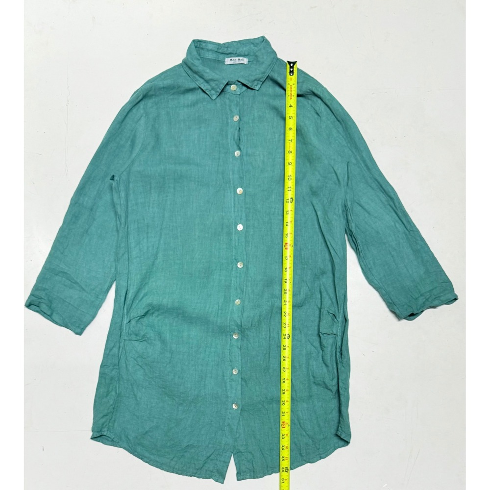 MEO MELI Button Down Shirt Dress Green Linen Blend Minimalist Casual Womens Med